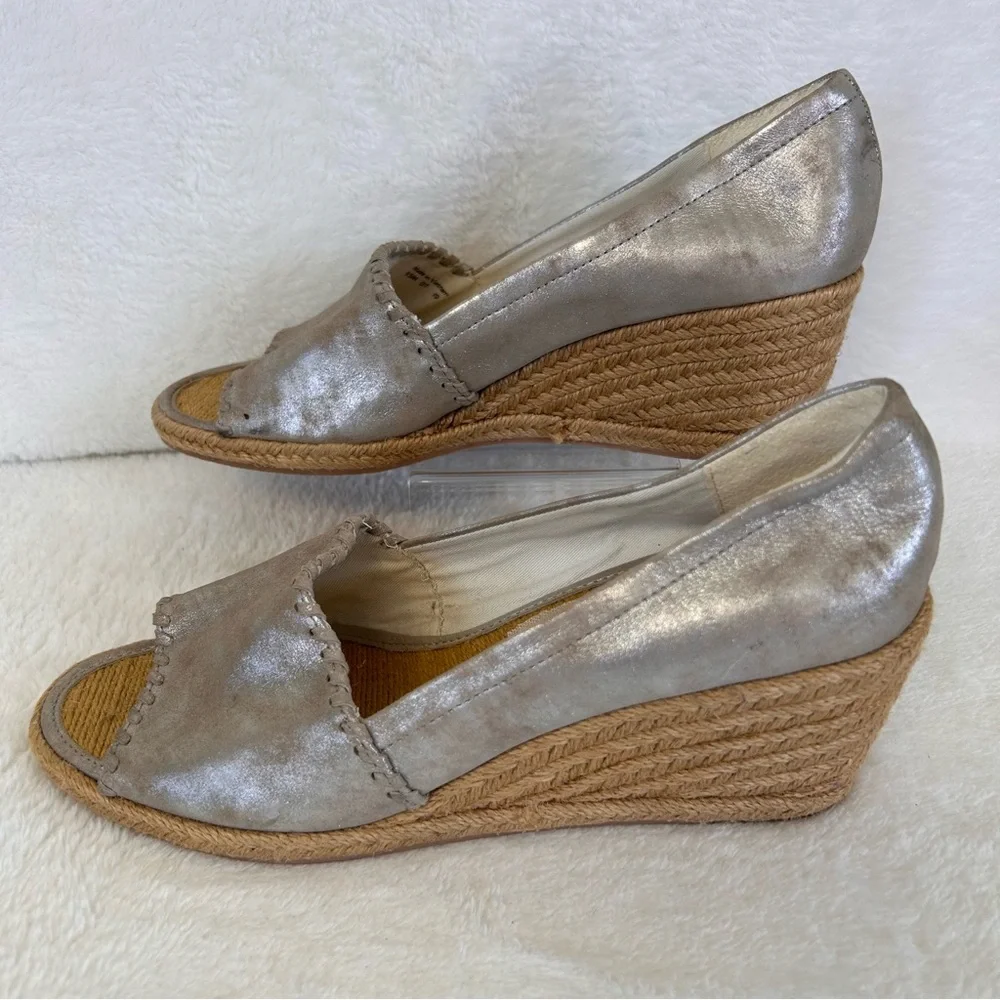 Jack Rogers Women's Sandals Size 9.5M Silver Metallic Leather Espadrille Wedge